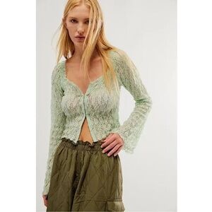 NWOT Free People One Madison Lace Sage Green Sheer Smocked Crop Bell Sleeve M